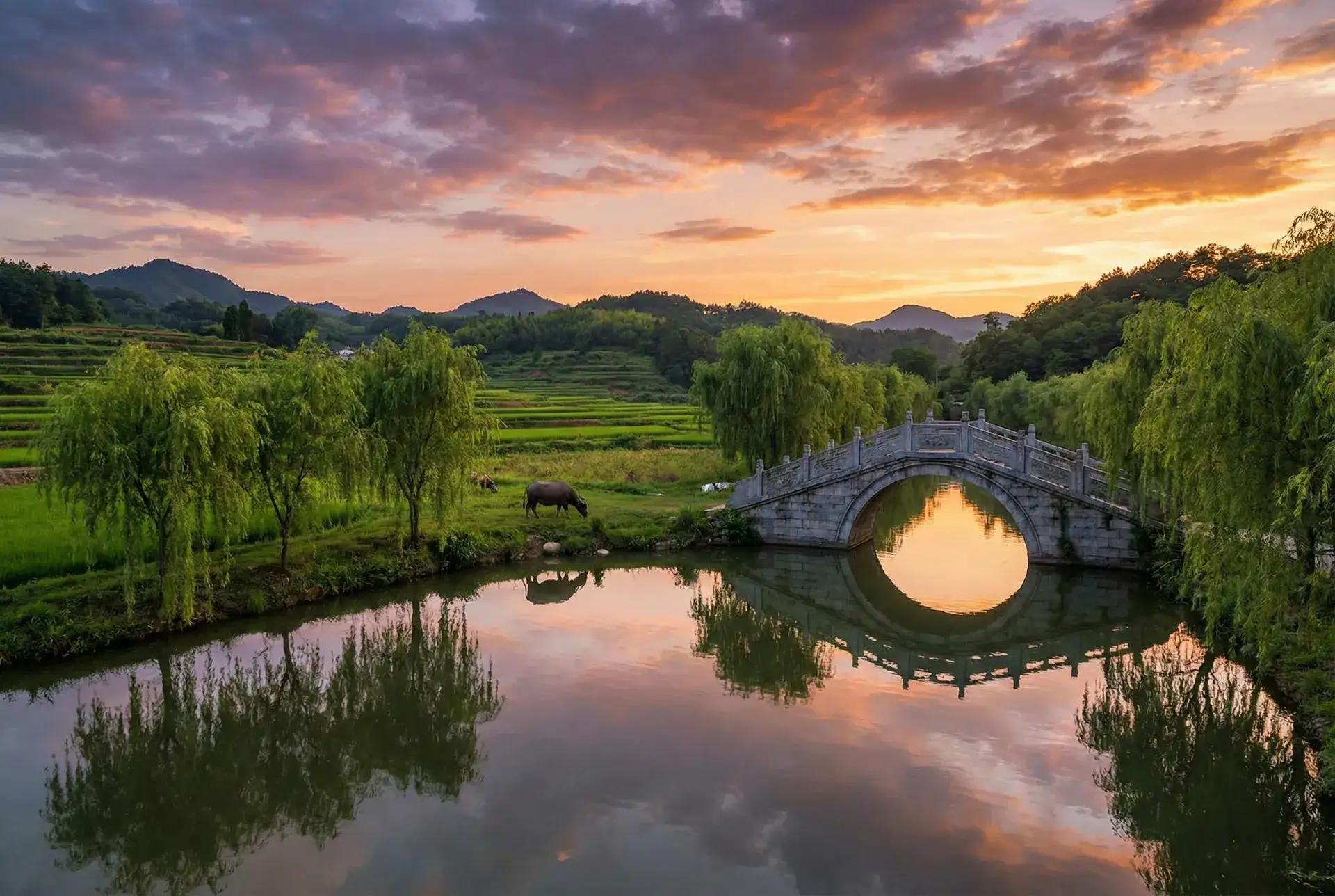 夕阳下的石拱桥与垂柳，水牛在河边吃草 - 蜜芽跳转接口点击进入免费 乡村美景